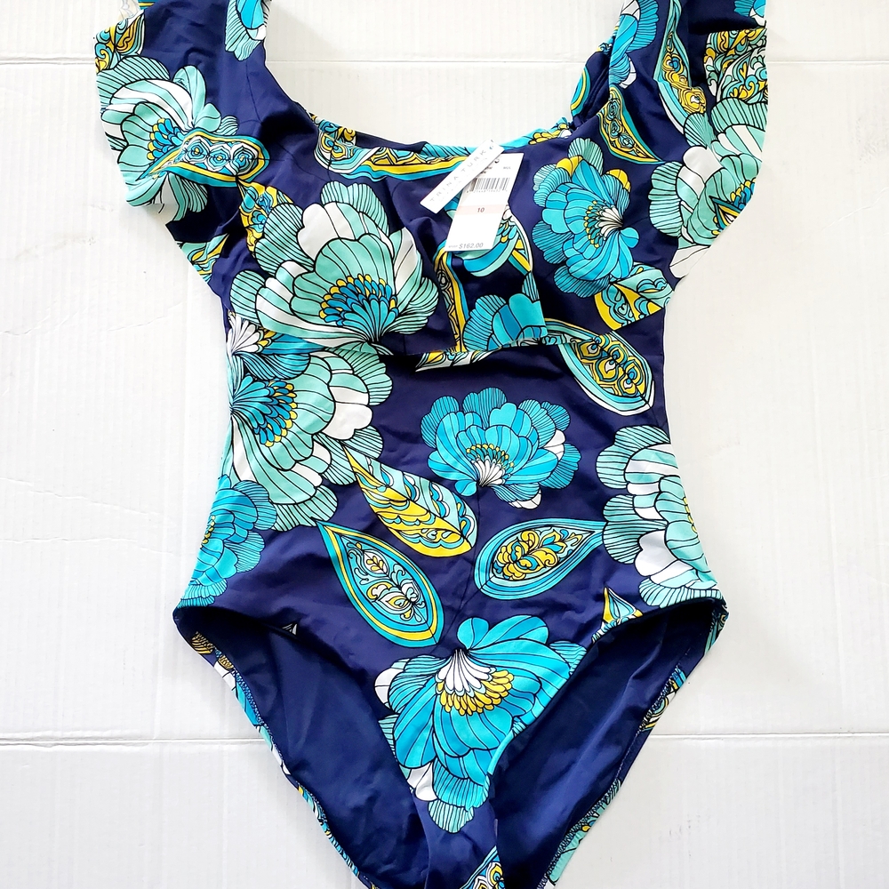 Trina Turk Pirouette Off The Shoulder One Piece Floral Ruffle Swimsuit Size 10